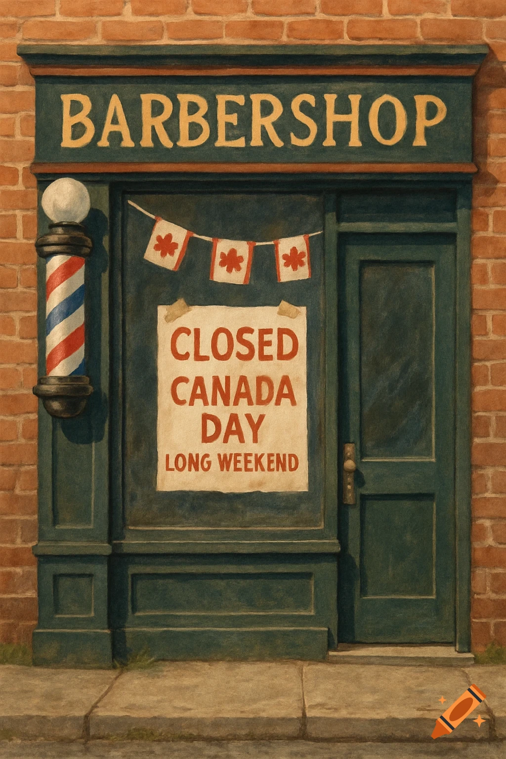 A painting of a barbershop storefront with a 'CLOSED CANADA DAY LONG WEEKEND' sign, a barber pole, and Canadian flag bunting.