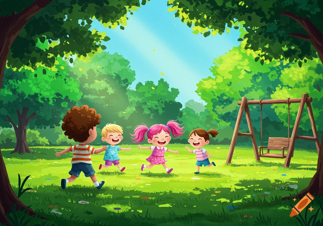 Four happy cartoon children playing in a sunny green park with a wooden swing set in the background and large trees framing the scene.