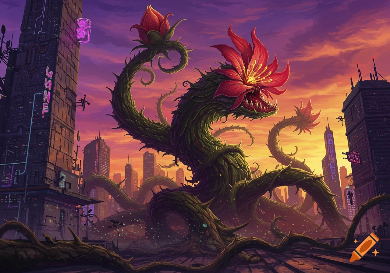 A monstrous plant with red flowers and thorny vines looms over a futuristic city at sunset, in a fantasy art style.