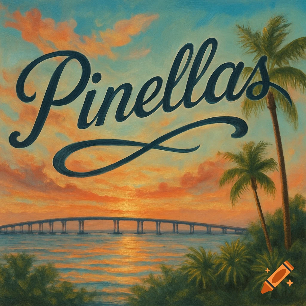 Cursive text 'Pinellas' over a painterly sunset landscape with a bridge over water and palm trees.