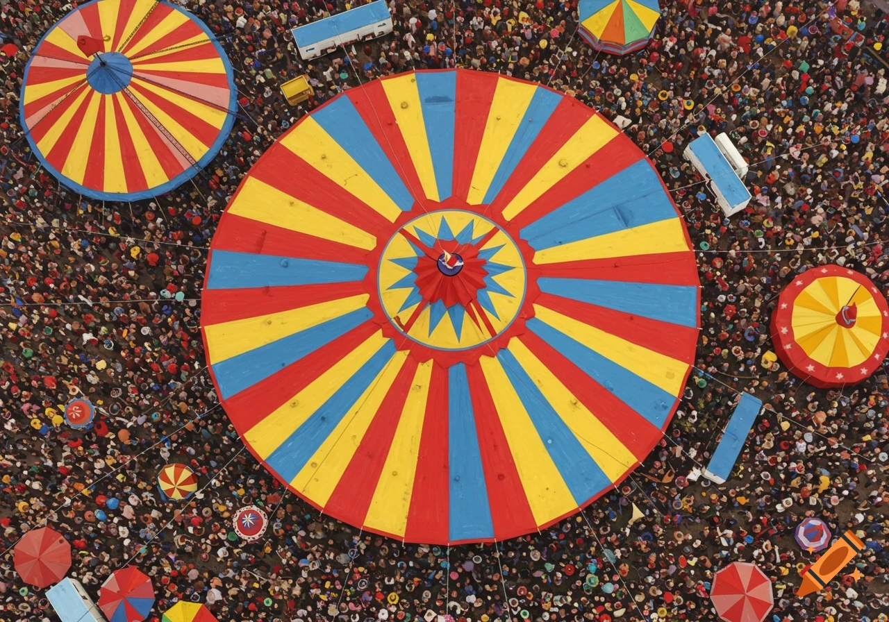 An aerial view of a vibrant circus big top with red, yellow, and blue stripes, surrounded by a large crowd and smaller tents.