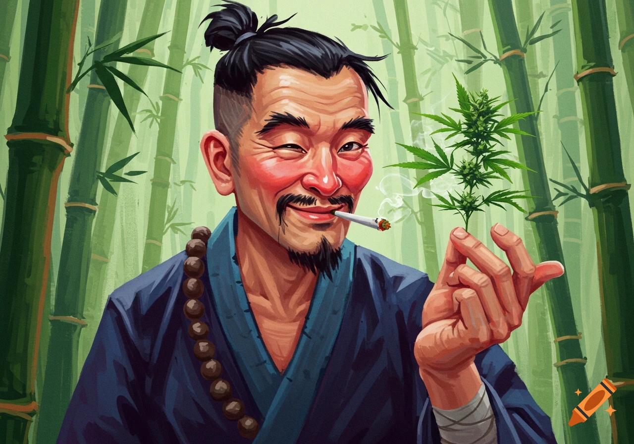 A stylized illustration of an Asian man winking, smoking a joint, and holding a cannabis plant in a bamboo forest.