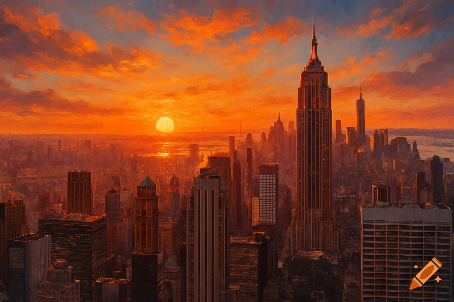 Digital painting of the New York City skyline at sunset, with the Empire State Building prominent against an orange sky.