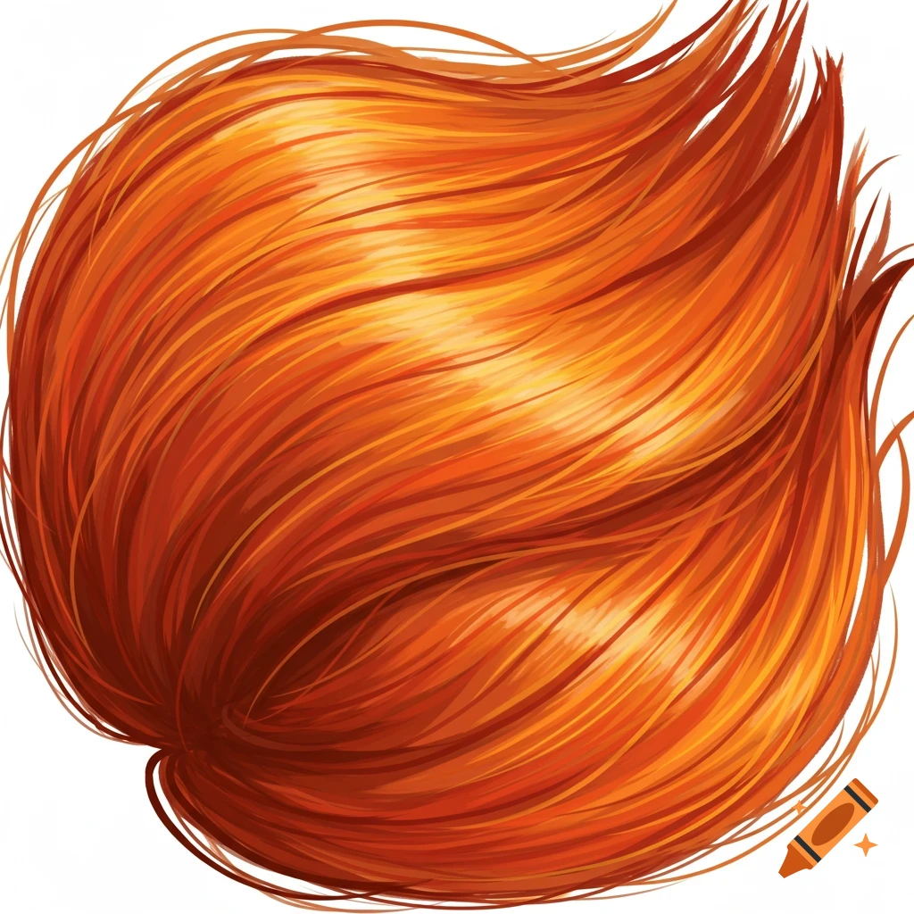 Close-up illustration of voluminous, wavy ginger hair with highlights against a white background.