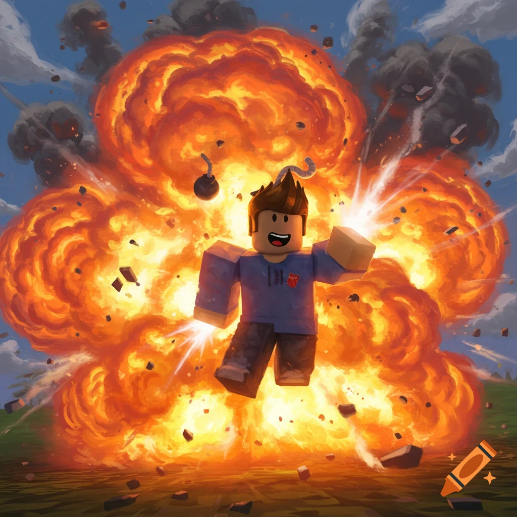 A smiling Roblox character stands confidently amidst a large explosion with flying debris, a bomb visible in the sky.