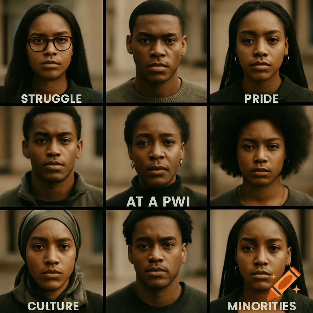 Nine headshot portraits of young Black individuals with serious expressions, labeled 'Struggle', 'Pride', 'At A PWI', 'Culture', 'Minorities'.