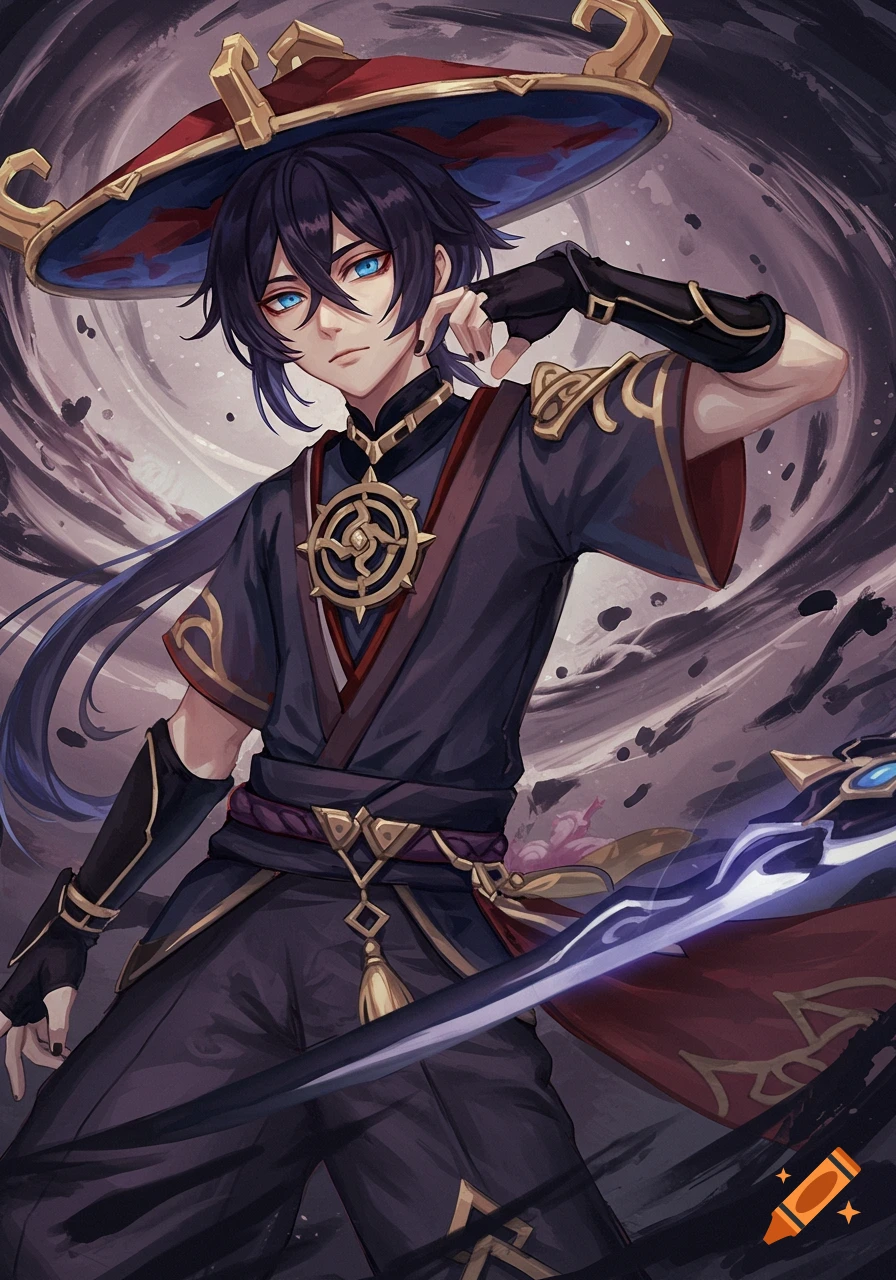An anime illustration of Scaramouche from Genshin Impact, with dark hair and blue eyes, wearing a dark outfit and a large red and gold hat, holding a glowing purple weapon.