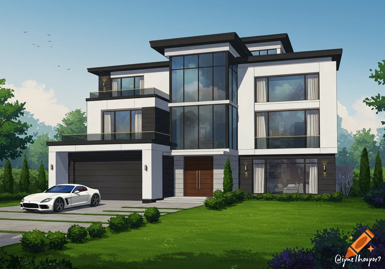 A modern, multi-story luxury house with large windows, black and white facade, and a white sports car parked on a stone driveway. Lush green lawn and trees surround the property under a clear blue sky.