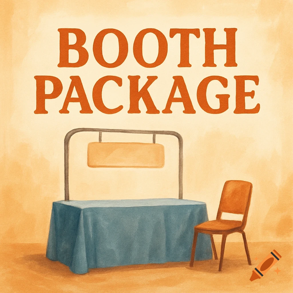 Watercolor illustration of a booth setup with a blue-draped table, a brown chair, and a sign, with the text 'BOOTH PACKAGE' above.