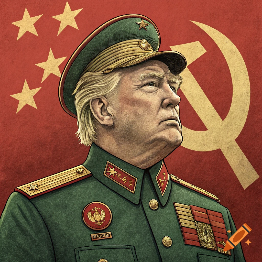 Stylized portrait of Donald Trump in a green military uniform, set against a red background with yellow stars and a hammer and sickle.