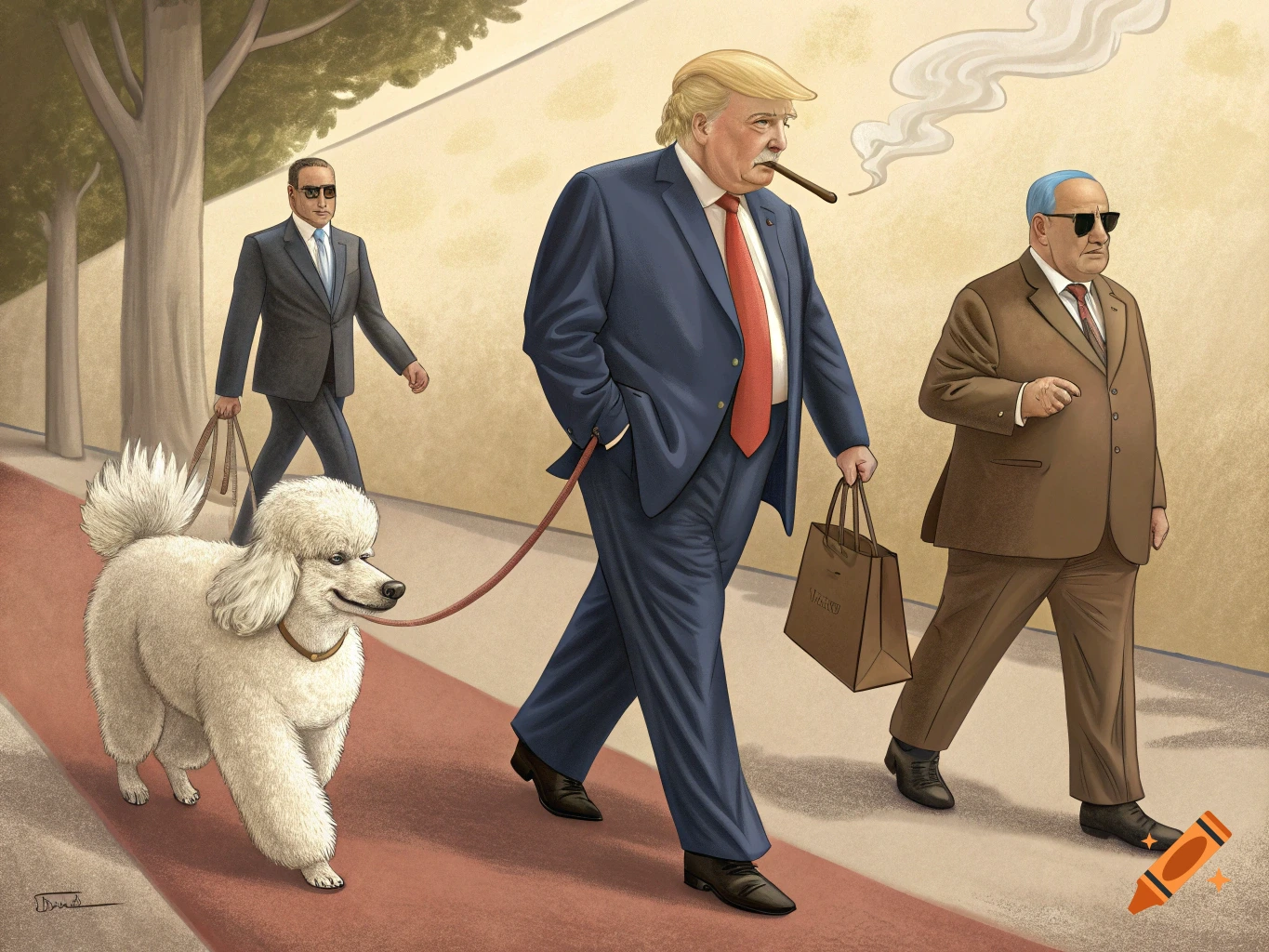 A political caricature depicting Donald Trump walking a white poodle on a leash, carrying a shopping bag, with Benjamin Netanyahu behind him.