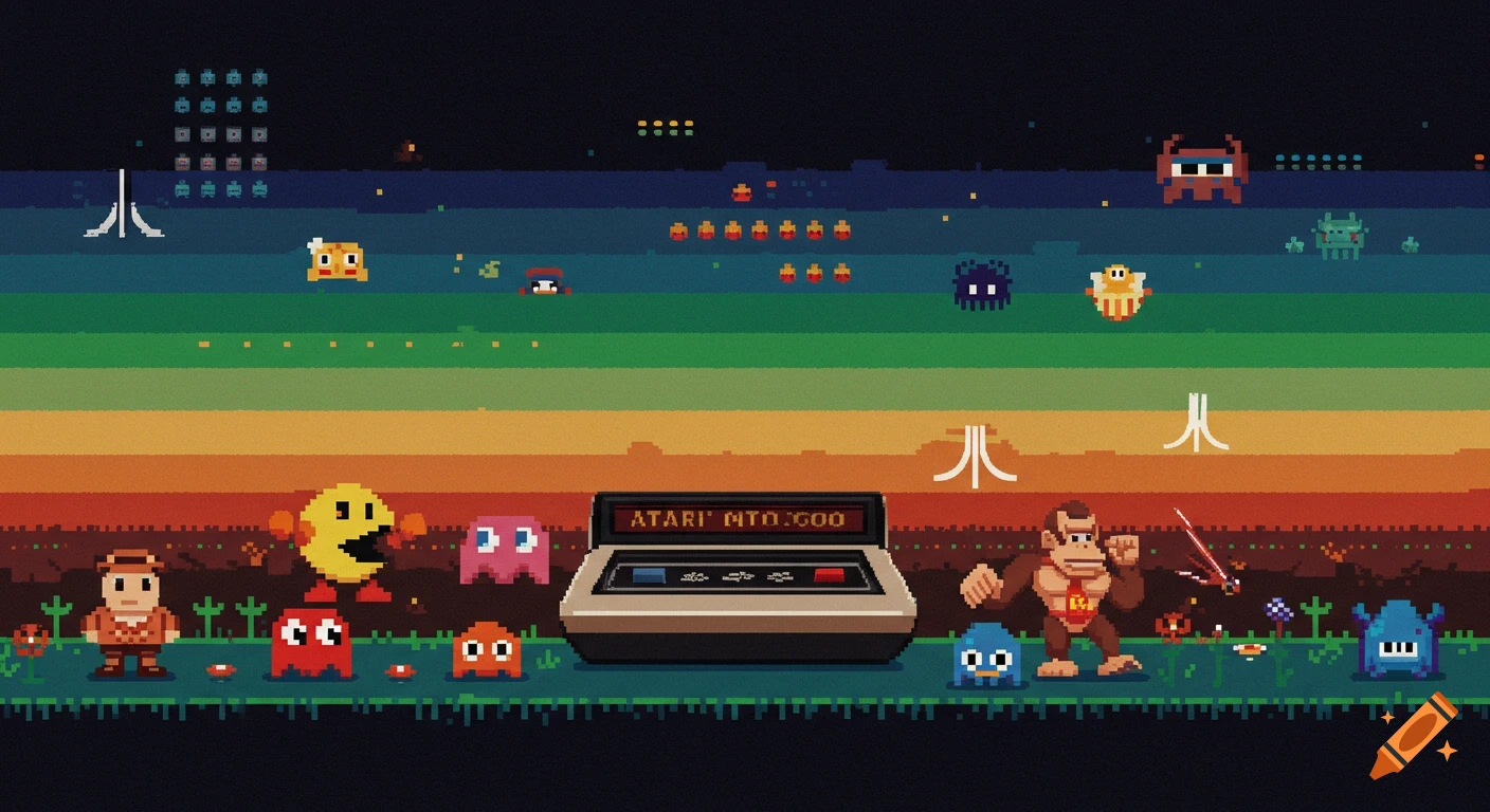 Pixel art wallpaper featuring various classic video game characters and an Atari console on a colorful striped background.