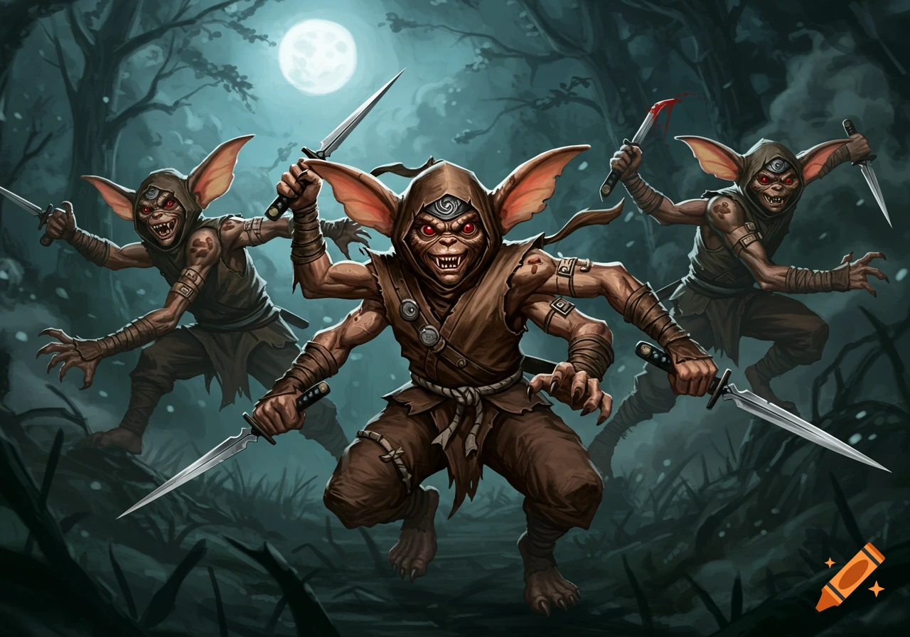Three fierce, multi-armed gremlin-like ninjas with red eyes and daggers emerge from a dark, moonlit forest.