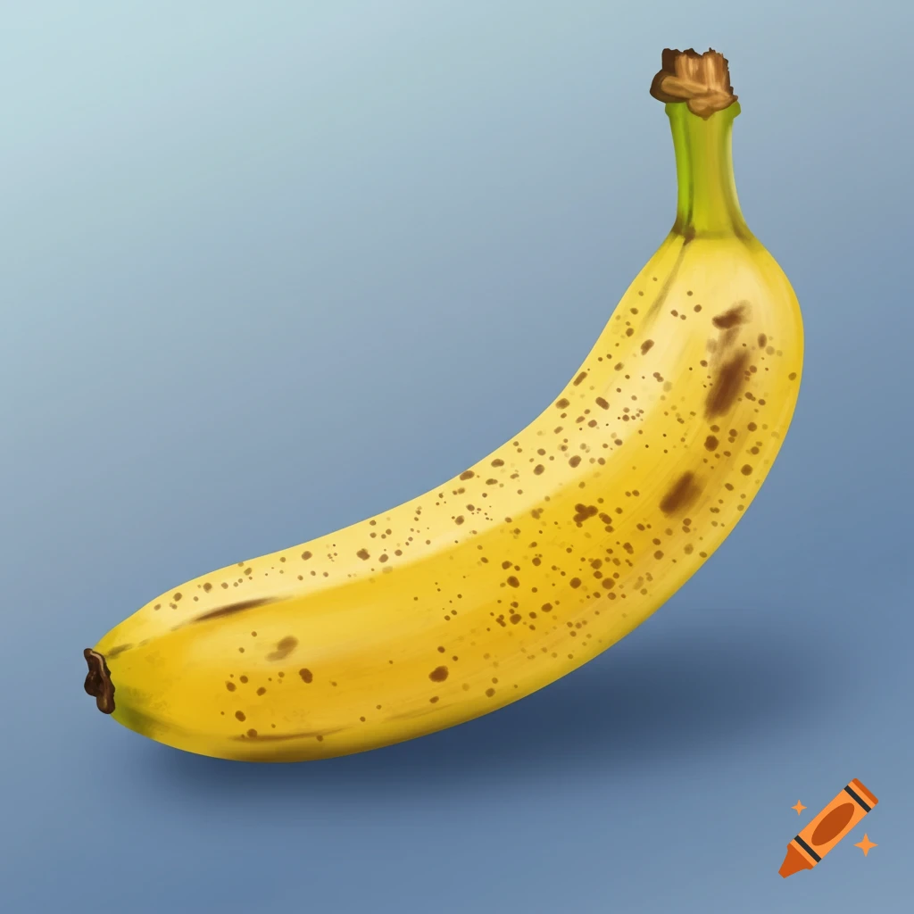 A ripe yellow banana with brown spots is depicted against a solid blue background in a digital illustration style.