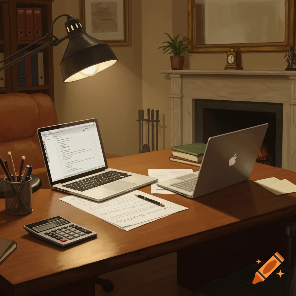 A well-lit professional office with a wooden desk, two laptops, a calculator, and papers. A fireplace is in the background.