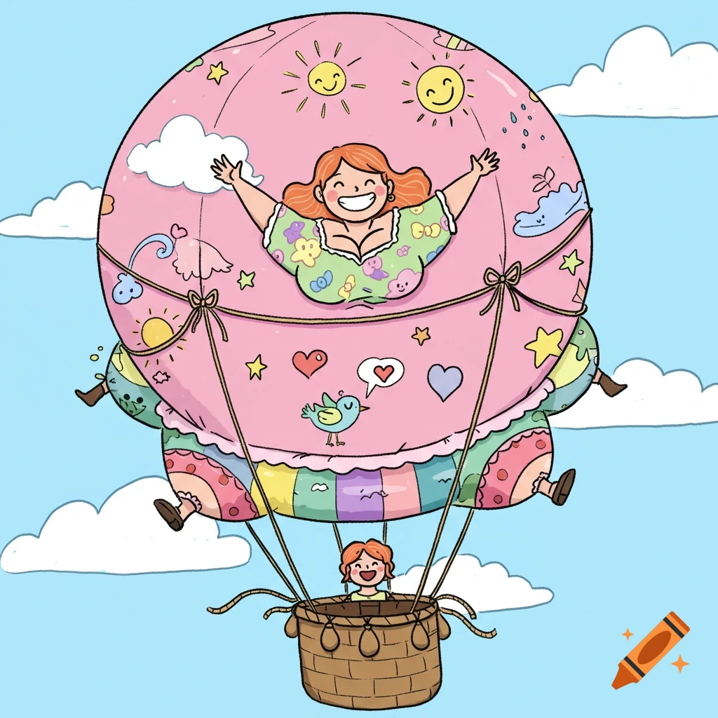 A cartoon doodle drawing of a smiling woman transformed into a pink hot air balloon, floating in a blue sky with clouds, with a small person in the basket below.
