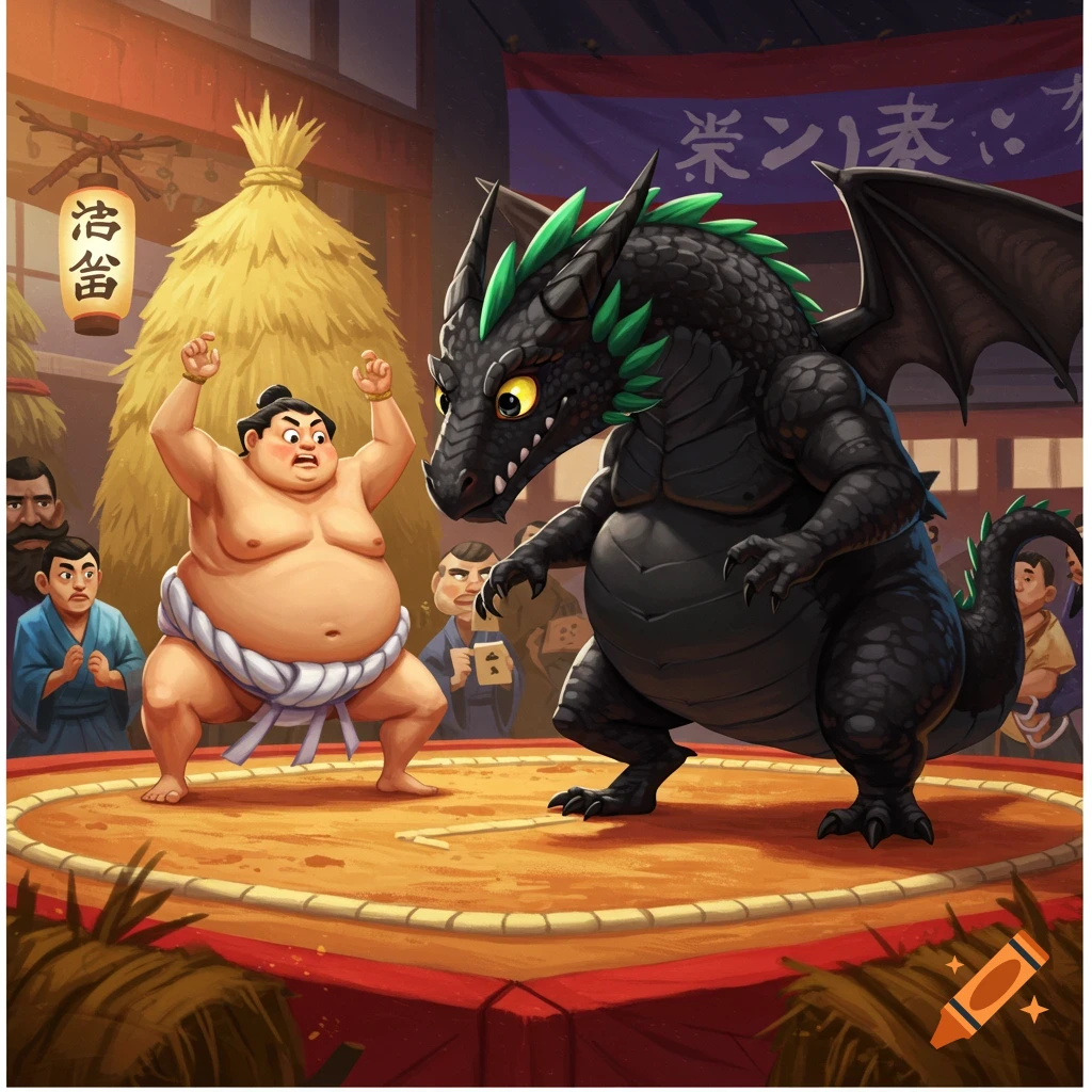 A stylized illustration of a muscular sumo wrestler facing off against a black dragon with green spikes in a sumo wrestling ring, surrounded by spectators.