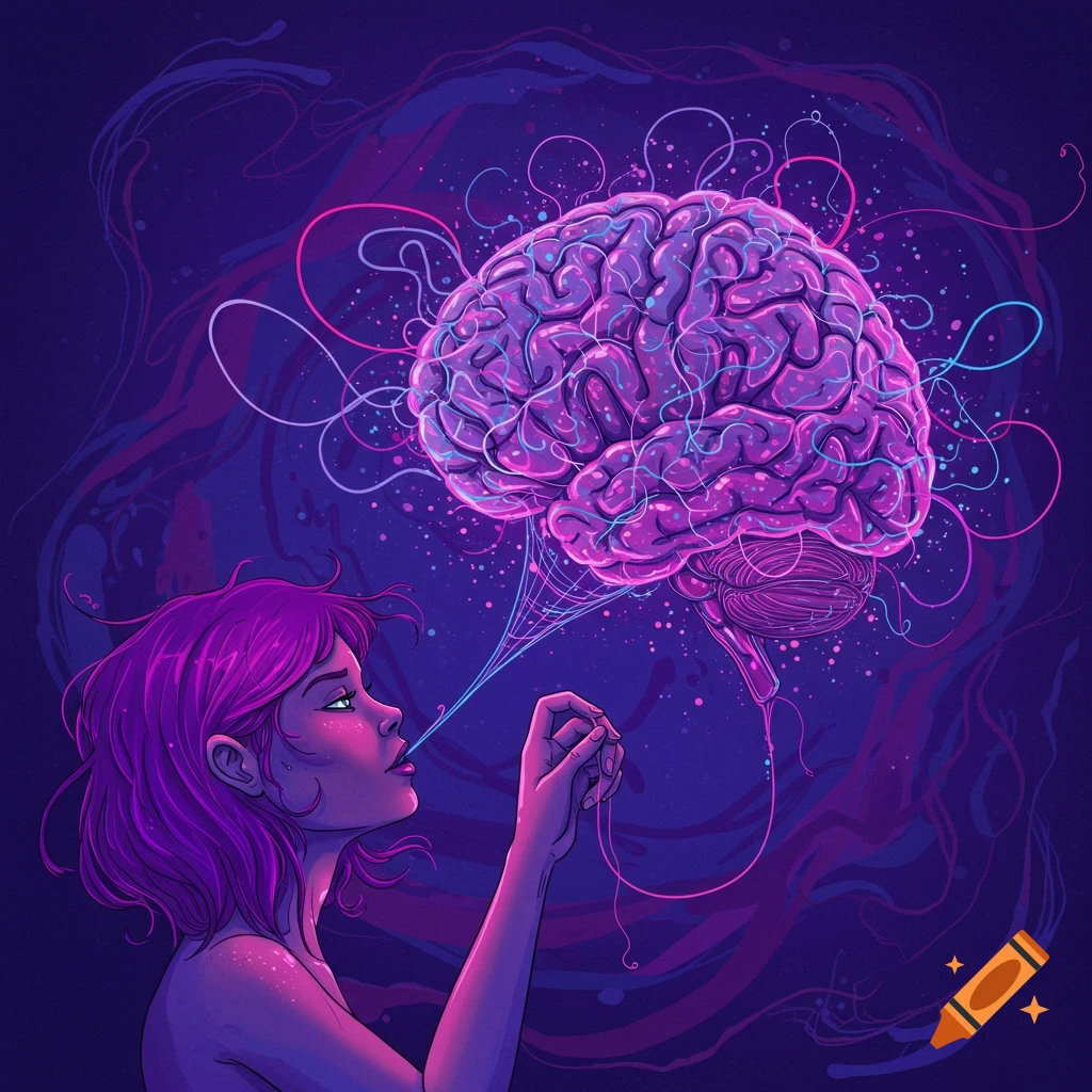 Abstract illustration of a person pulling glowing pink and blue threads from a large, glowing purple brain against a dark, swirling background.