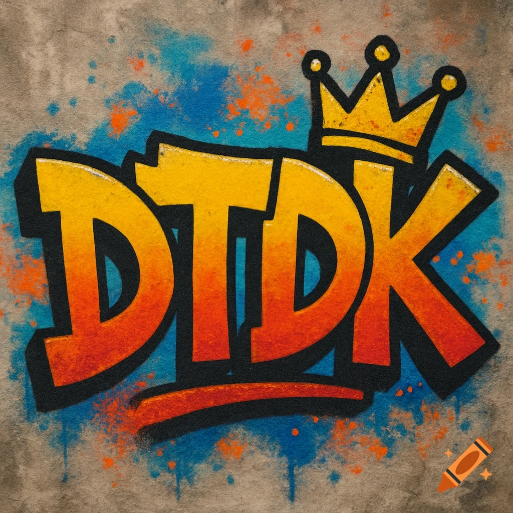 Graffiti art of 'DTDK' in orange and yellow with a crown on top, against a splatter-painted background.
