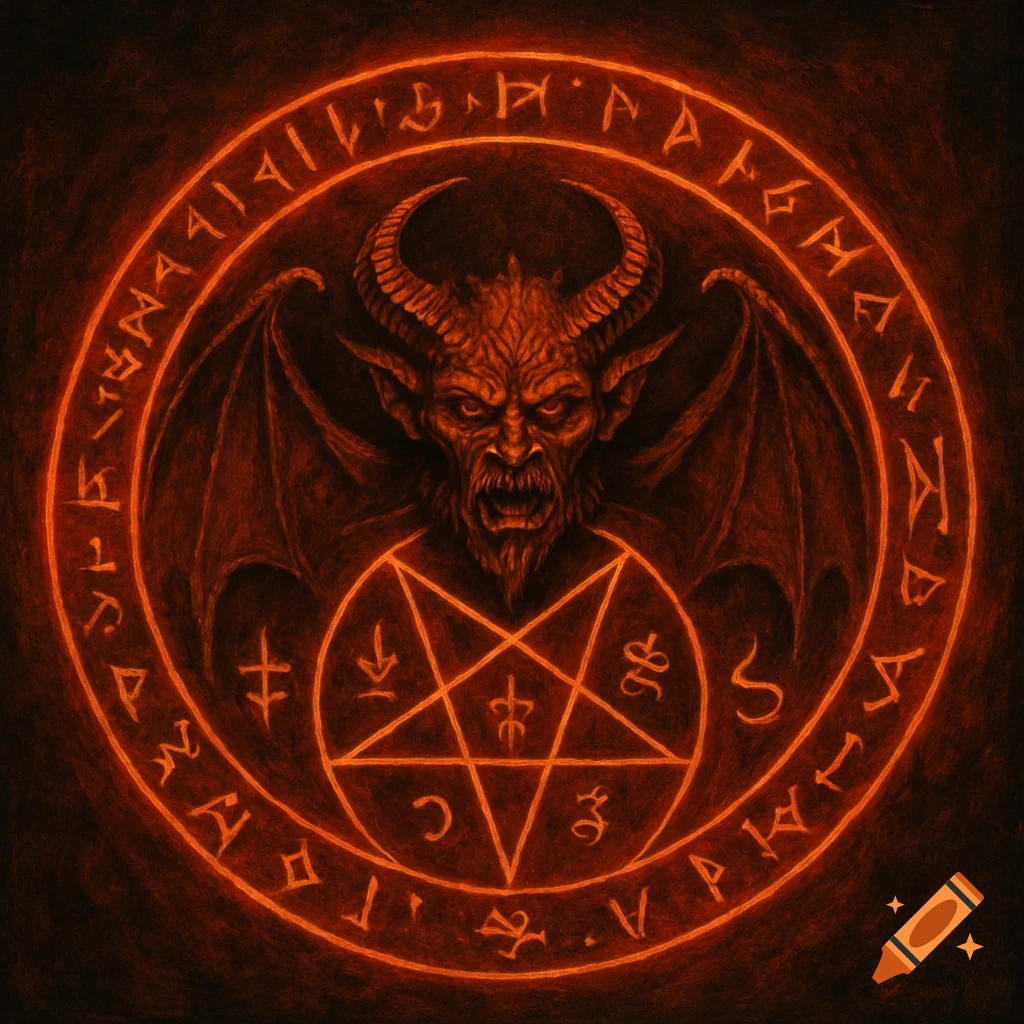 An intimidating red demon with horns and bat wings within a glowing orange circle adorned with ancient symbols and a prominent pentagram.