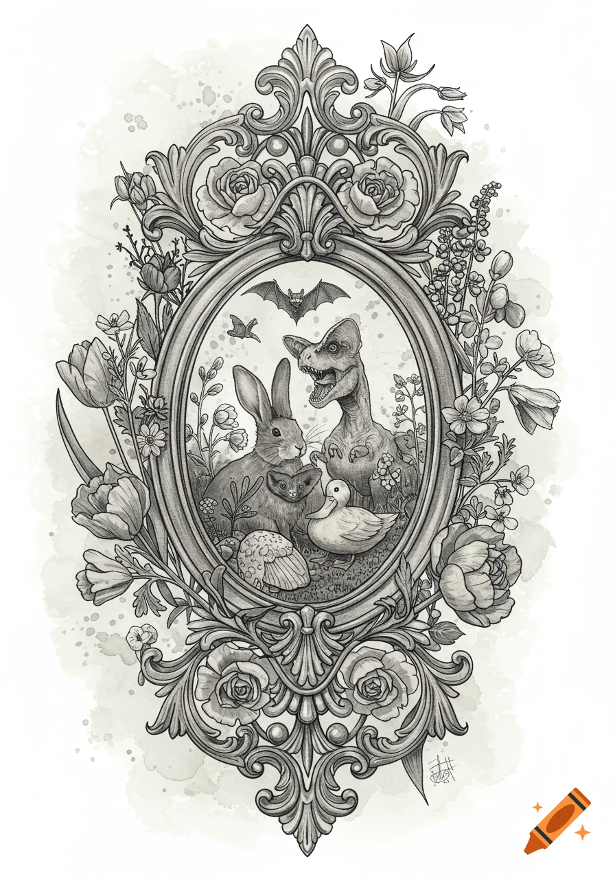Black and white sketch of a bunny, T-Rex, duck, and bat inside an ornate vintage floral frame with a gothic botanical style.