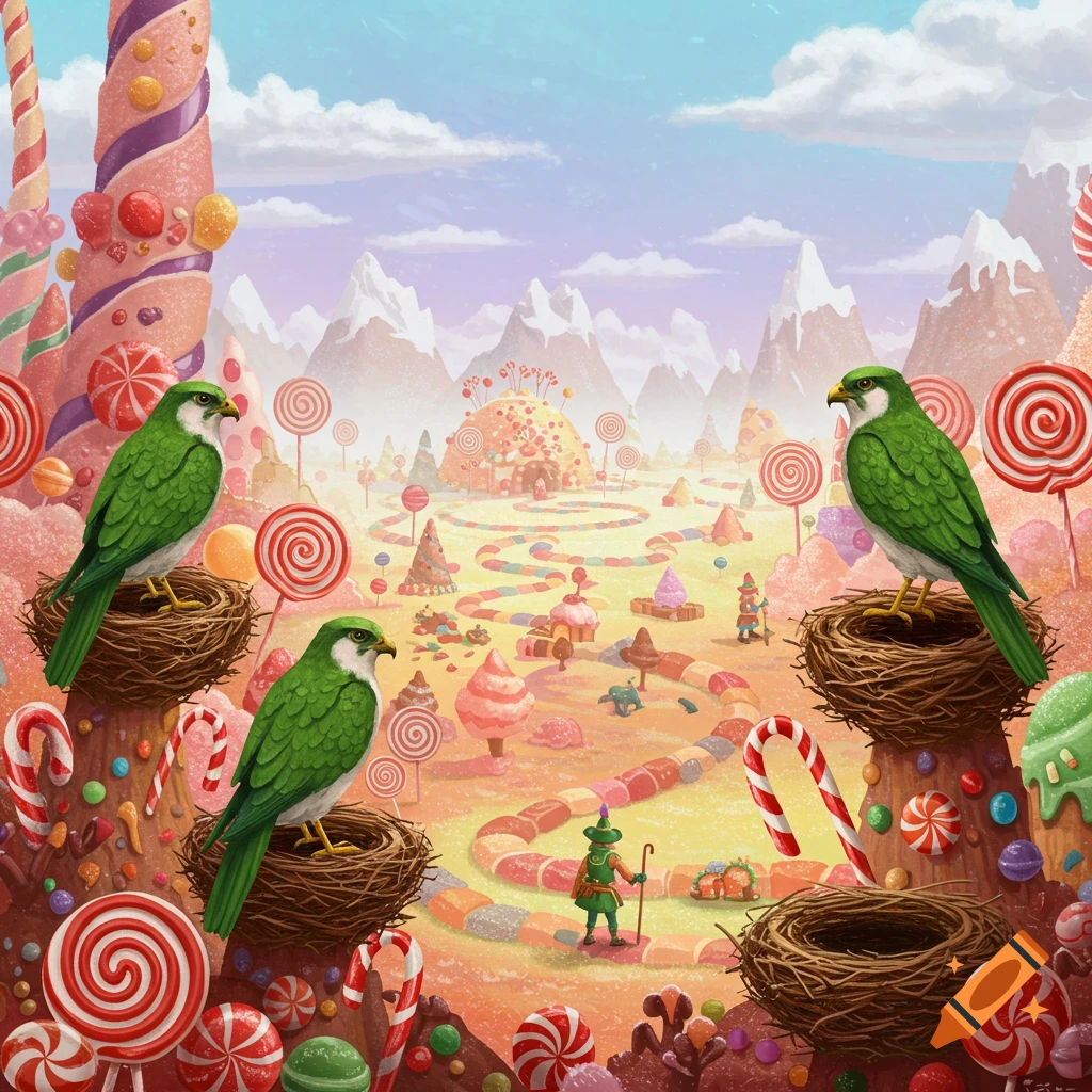 A vibrant fantasy candy land scene featuring green hawks on nests amidst giant lollipops, candy trees, and a candy path to a candy house.