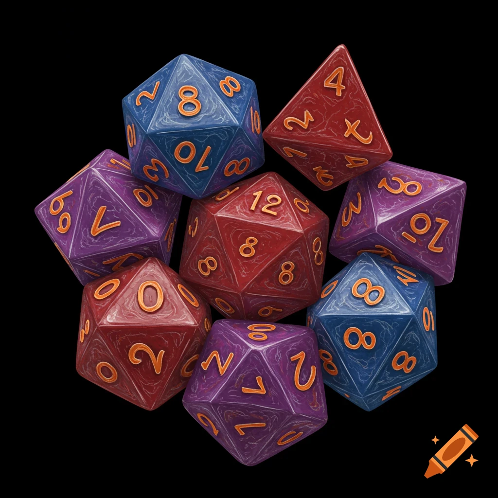 A close-up shot of various red, blue, and purple D&D dice with orange numbers scattered on a black background.
