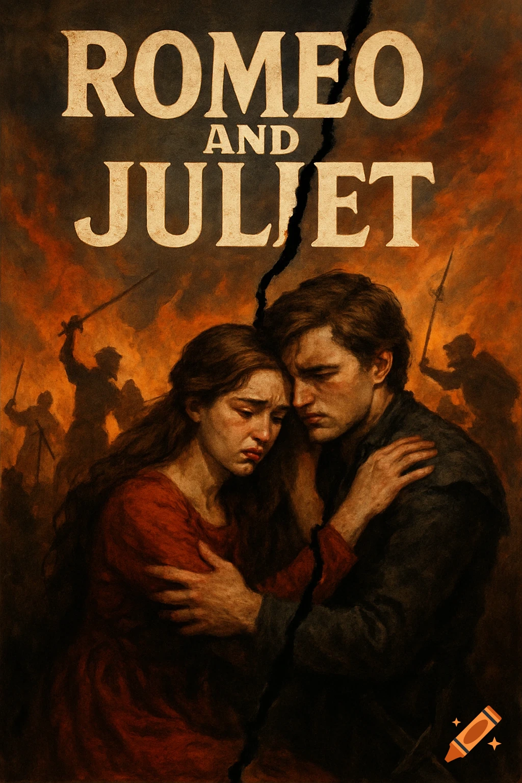 A dramatic poster for Romeo and Juliet, showing the sad couple embracing against a fiery background with fighting silhouettes. The title "ROMEO AND JULIET" is split by a crack.