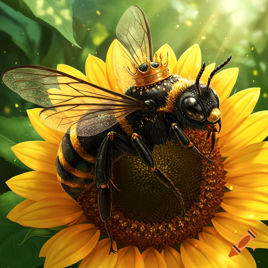 A majestic queen bee wearing a golden crown sits on a vibrant yellow sunflower in a bright, sunlit garden, detailed and photorealistic.