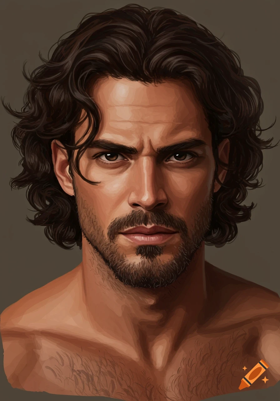 Digital painting of a man with wavy dark brown hair, short beard, stern expression, and broad shoulders.