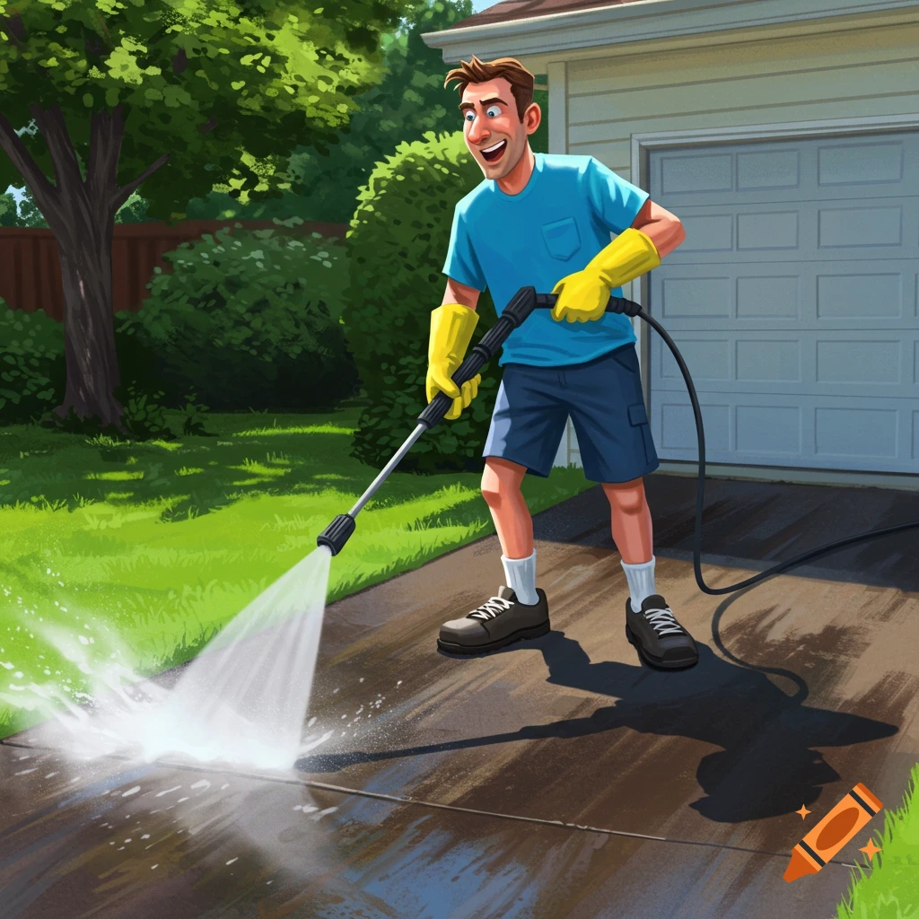 A man in a blue t-shirt and yellow gloves powerwashing a dirty concrete driveway in front of a garage on a sunny day.