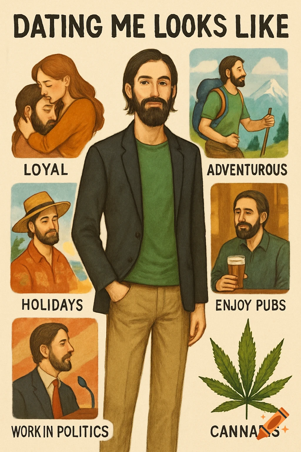 An illustration showing a man in the center surrounded by panels depicting his interests, labeled 'Loyal', 'Adventurous', 'Holidays', 'Enjoy Pubs', 'Work in Politics', and 'Cannabis'. The top text reads 'Dating Me Looks Like'.