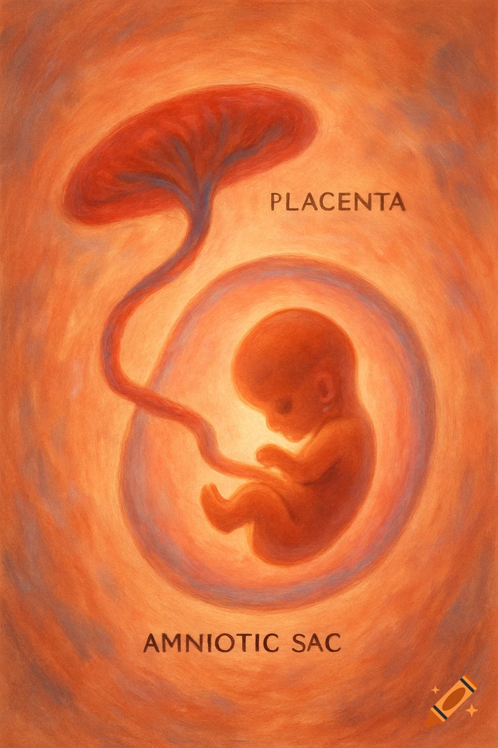Painting of a developing fetus in an amniotic sac with a placenta, glowing in warm orange and red tones.