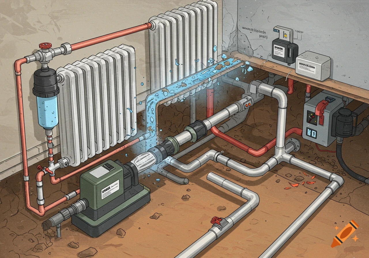 An illustrated cutaway view of a complex heating system, showing pipes, radiators, pumps, and water flowing through for powerflushing.