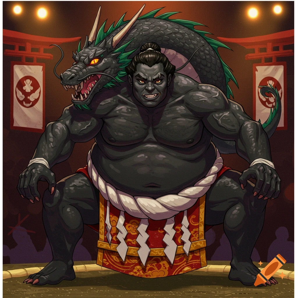 A black dragon-human hybrid sumo wrestler poses powerfully in a traditional ring, with a temple-like background.
