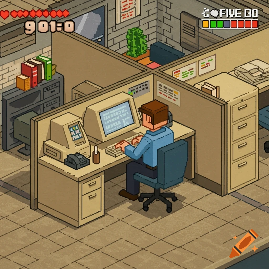 A pixel art isometric view of an office worker in a cubicle, typing on an old computer with game UI elements.