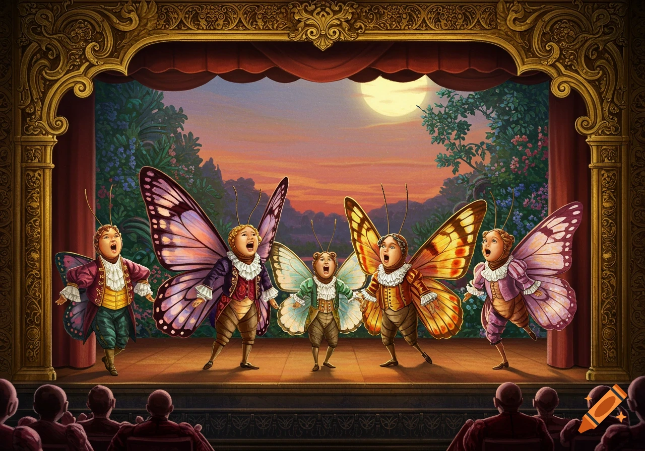 Five ornate butterfly-winged performers with open mouths sing on a theatrical stage to an audience, with a sunset and lush plants in the background.