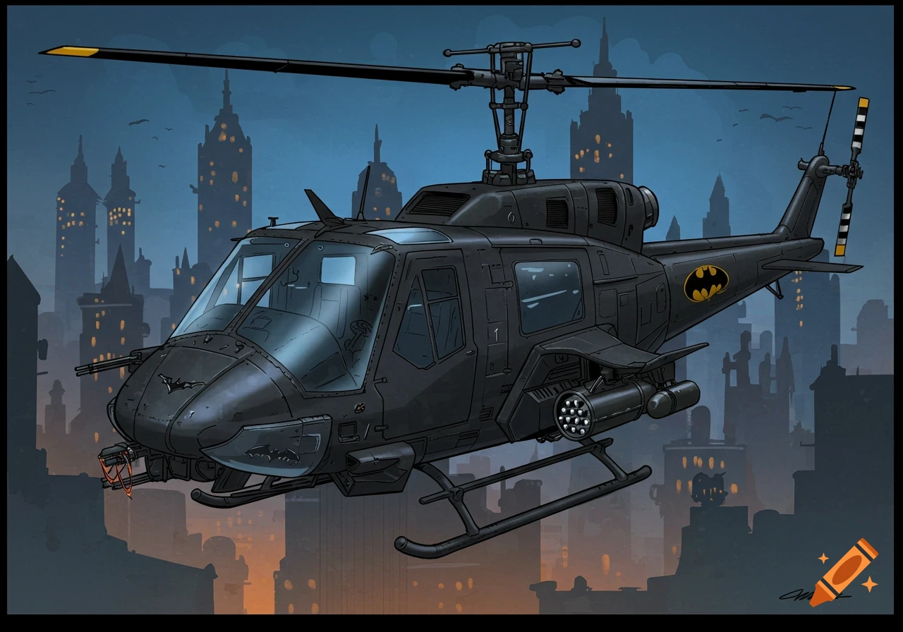 A black Batman-themed helicopter with weapons flies over a stylized city at dusk in a comic book art style.