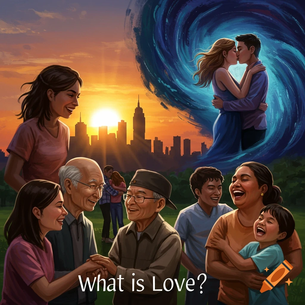 An illustration showing diverse forms of love across generations, featuring a kissing couple, elderly couple, and laughing family, with a city skyline at sunset. The text "What is Love?" is at the bottom.