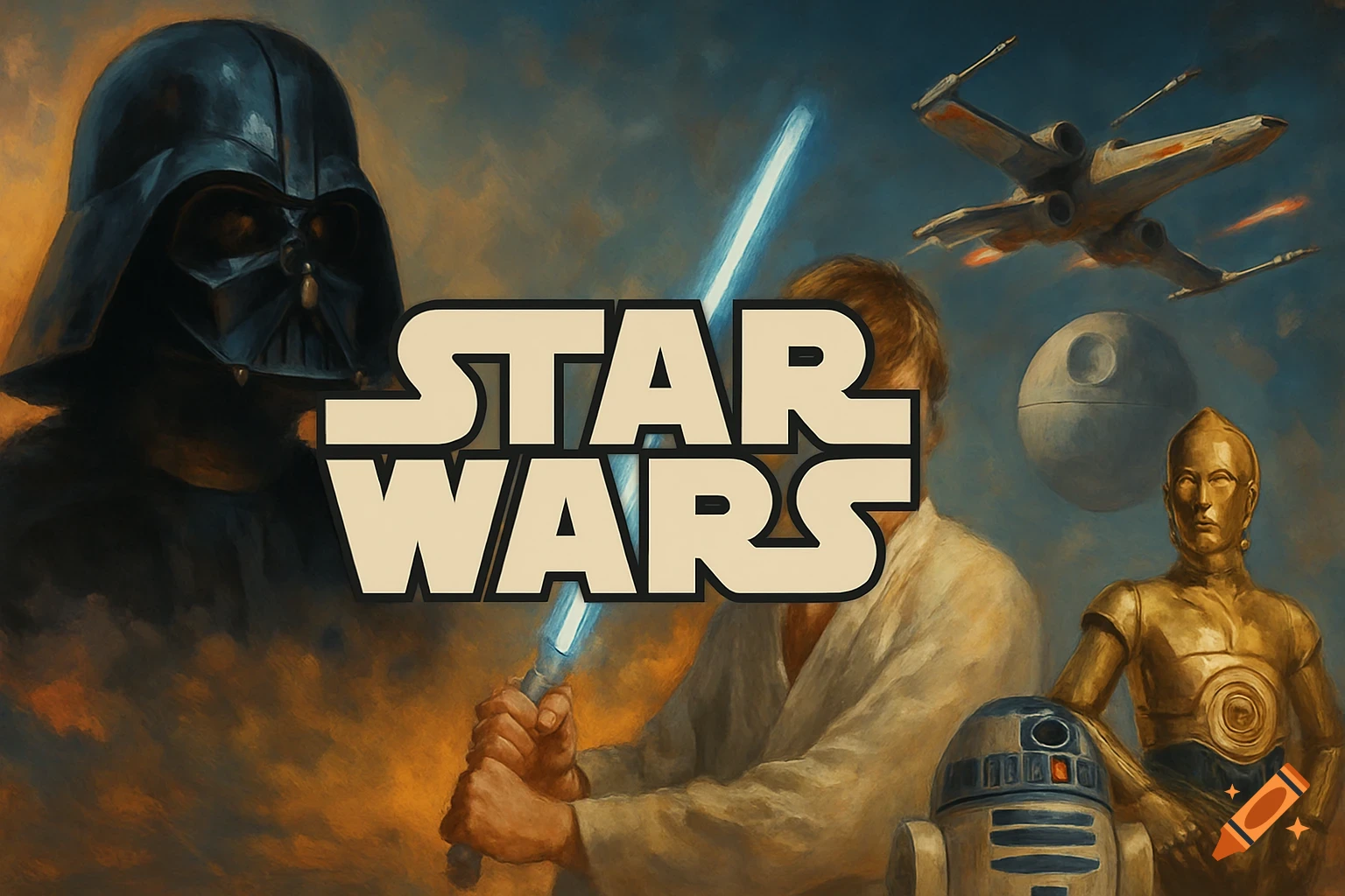 Painted Star Wars movie poster with logo, Darth Vader, Luke 