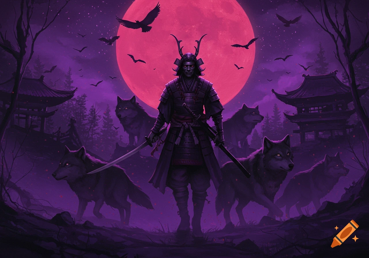 A dark samurai stands under a red moon, surrounded by wolves, in a purple Japanese landscape with pagodas and flying birds.