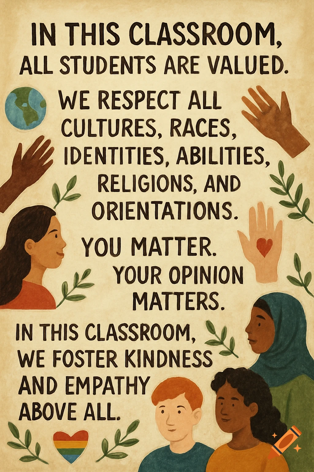 A colorful poster with text promoting inclusivity and kindness in a classroom, featuring diverse students and hands.