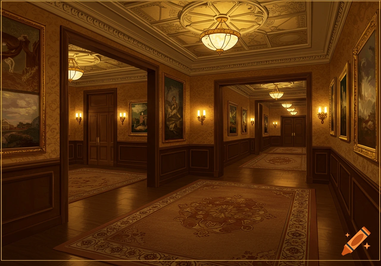 A cozy and intricately designed hallway of a hotel with multiple corridors, paintings, and ornate lighting.