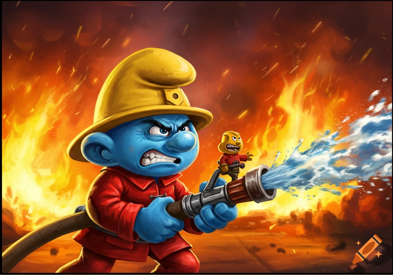 An angry blue cartoon firefighter smurf-like character battles a large fire with a hose.