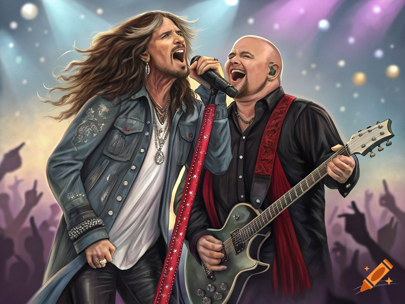 An illustration of Steven Tyler and David Draiman singing and playing guitar on a brightly lit stage in front of a blurred audience.