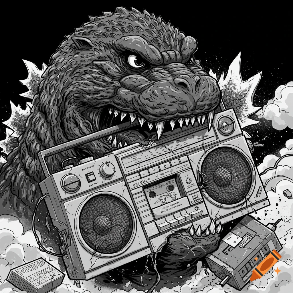 Monochrome illustration of Godzilla holding a large boombox in its mouth, with clouds and debris around.