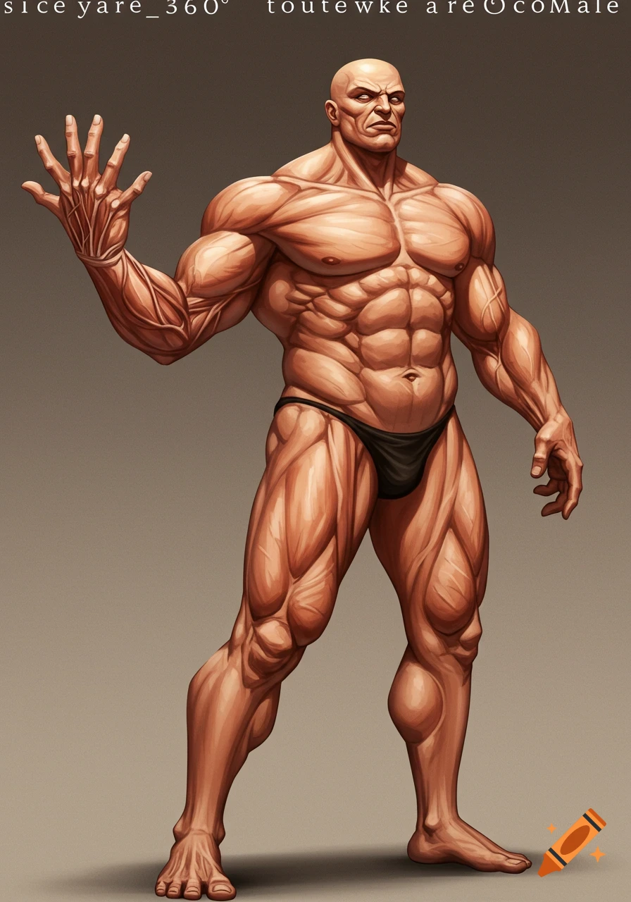 A bald, heavily muscled man in a black brief, standing in a bodybuilding pose with a six-fingered left hand raised. Digital art.