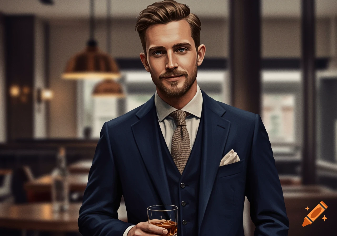 A handsome man in a dark blue suit and tie holds a glass of whiskey in a subtly lit restaurant.