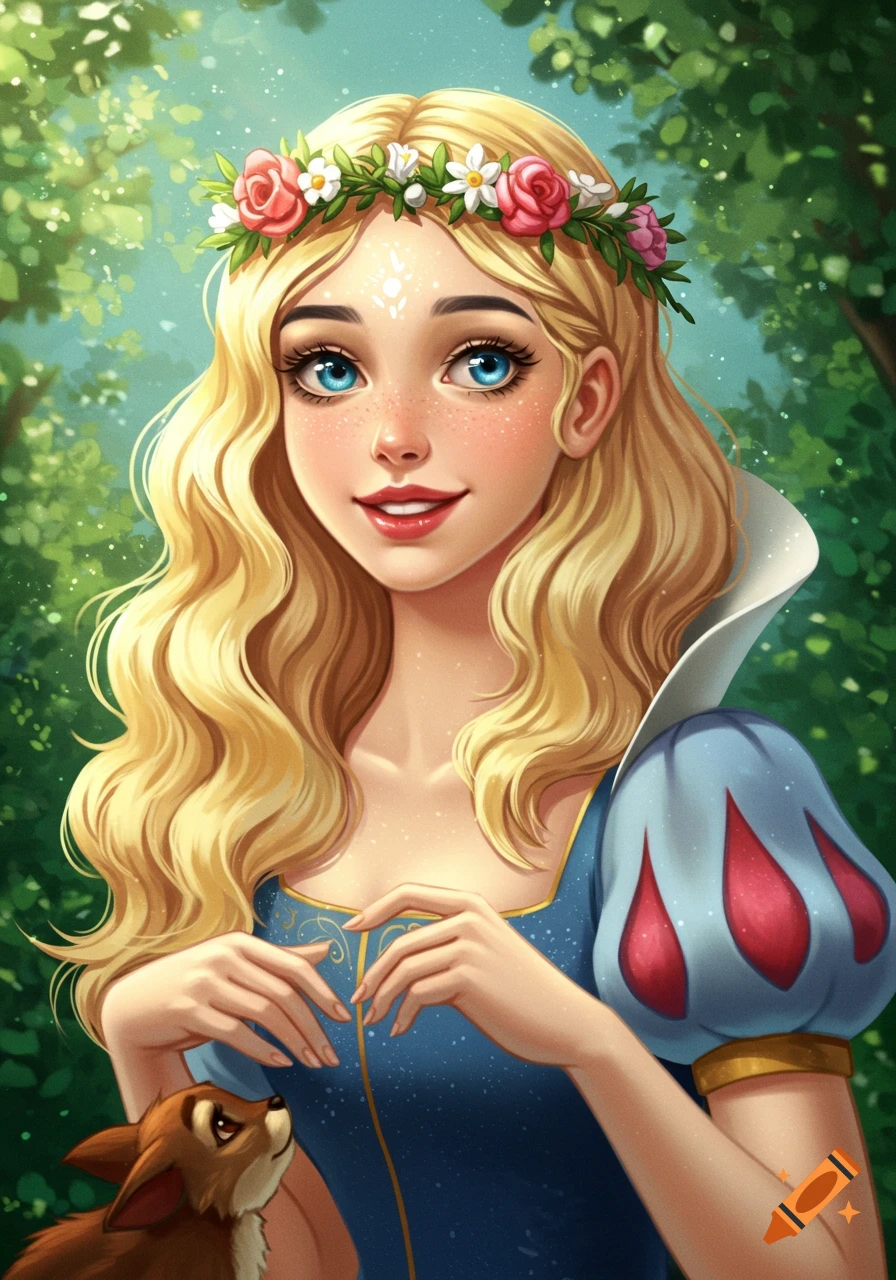 Stylized illustration of a blonde woman resembling Snow White with a flower crown and blue dress, with a small deer in a forest.