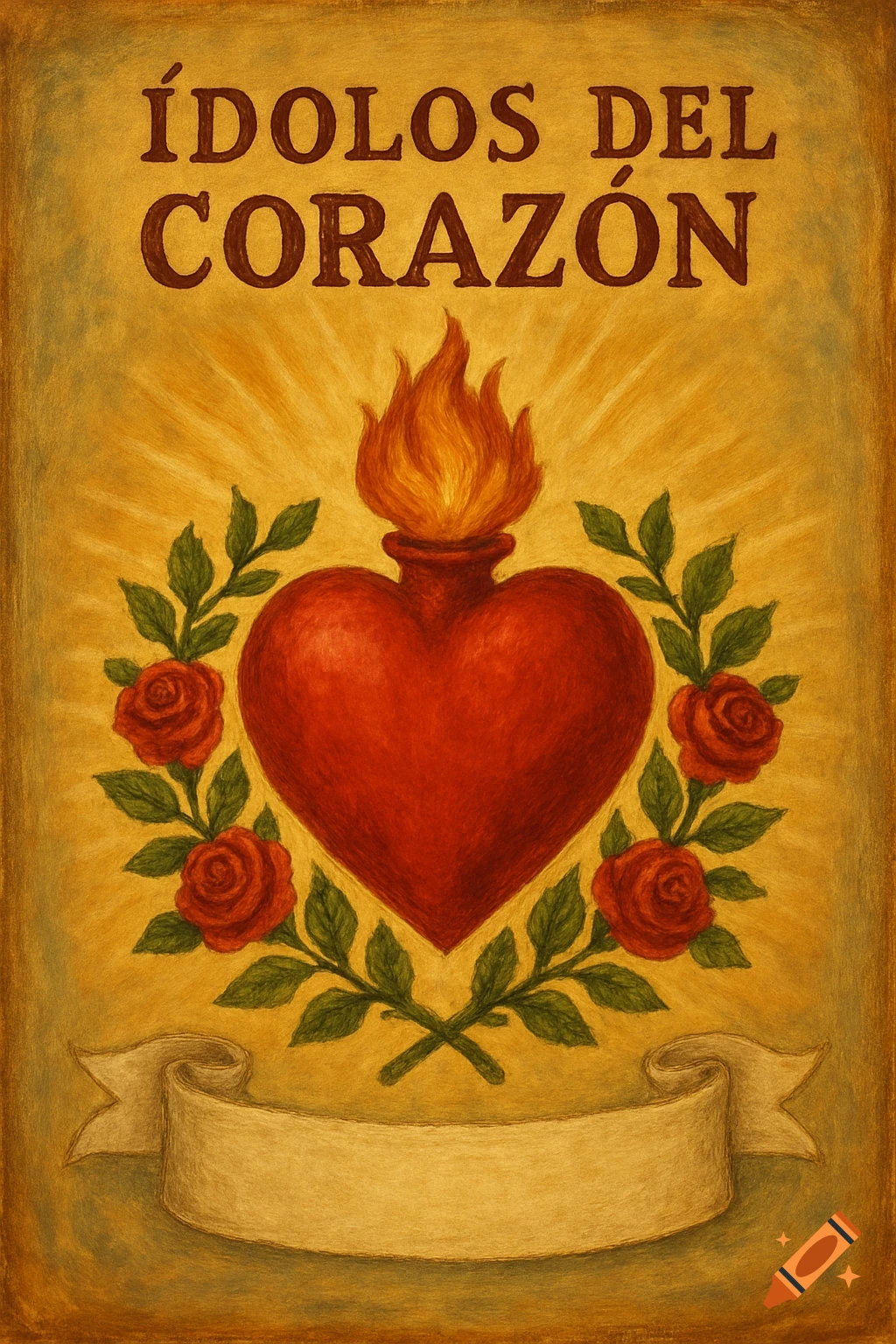 Illustration of a sacred heart with a flame surrounded by roses, with Spanish text 'ÍDOLOS DEL CORAZÓN' above, on a golden background.